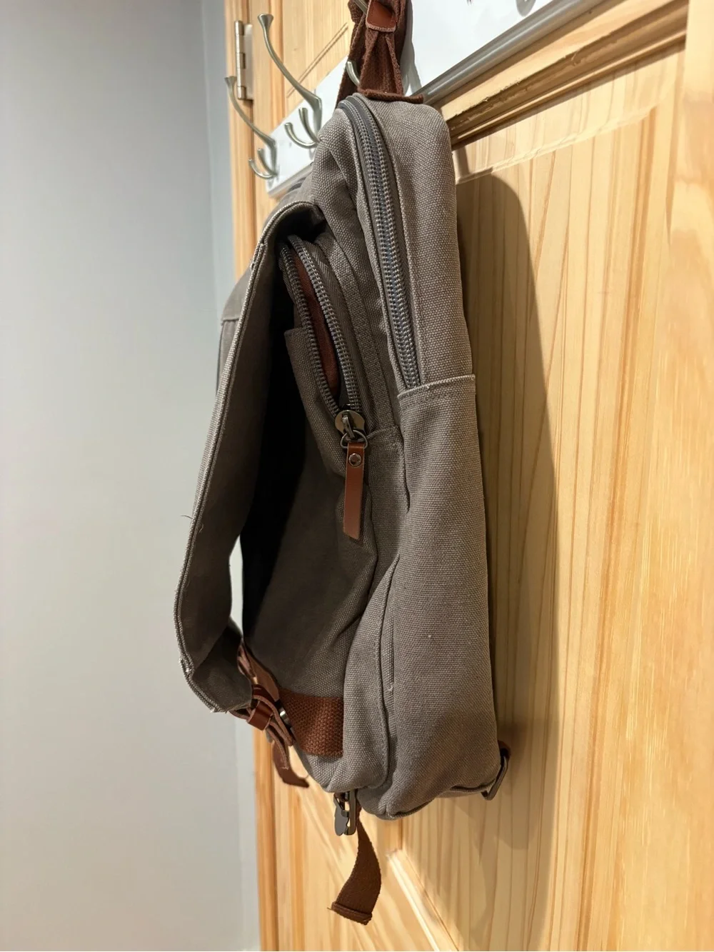 Gadnic Gray Canvas Backpack with Leather Accents